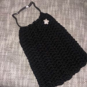 Hand made black knit bag with flower pin and metal cat head handles